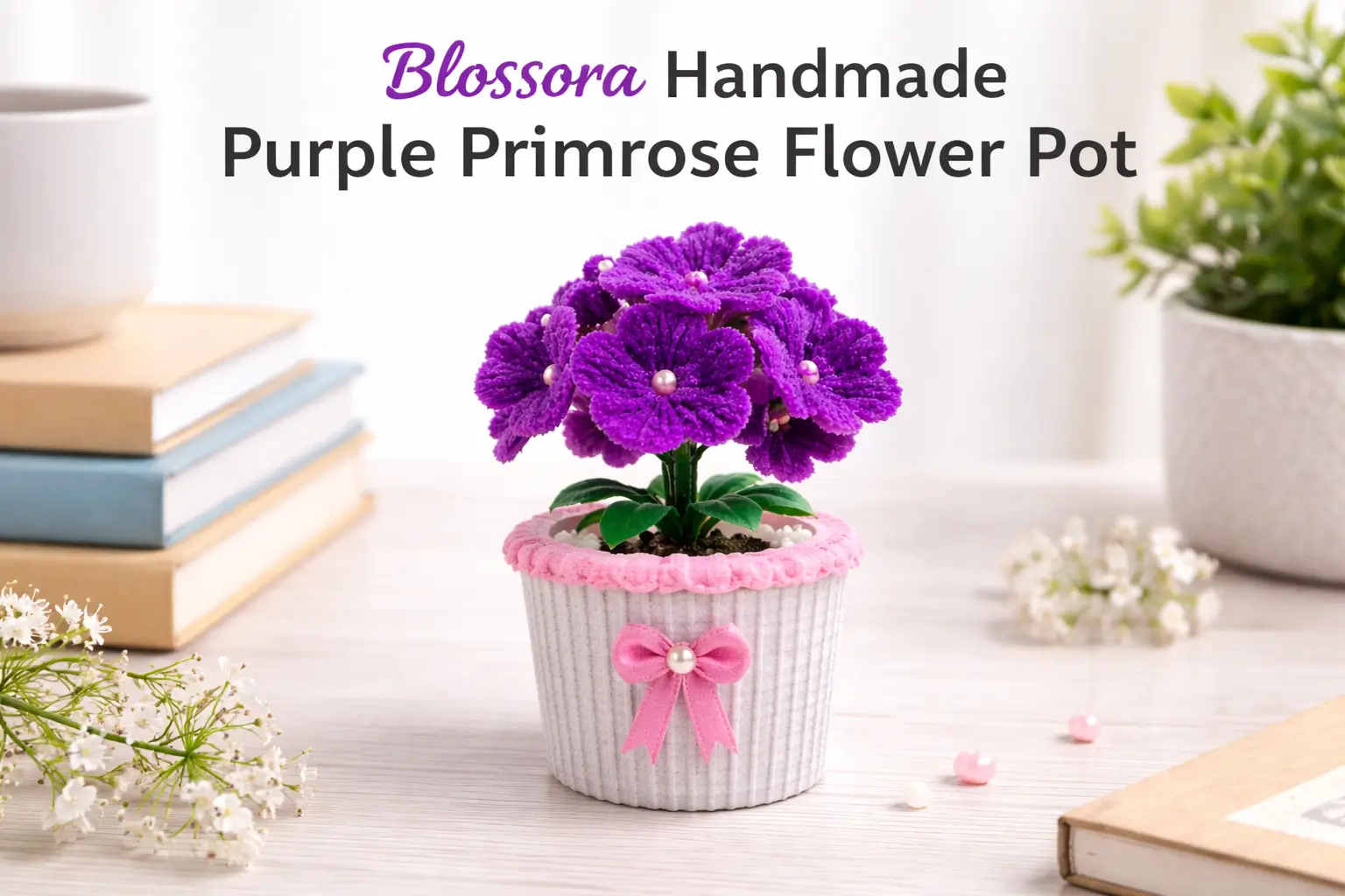 Handmade Purple Primrose Flower Pot | Decor Artificial Flowers blossora purple primrose flower pot