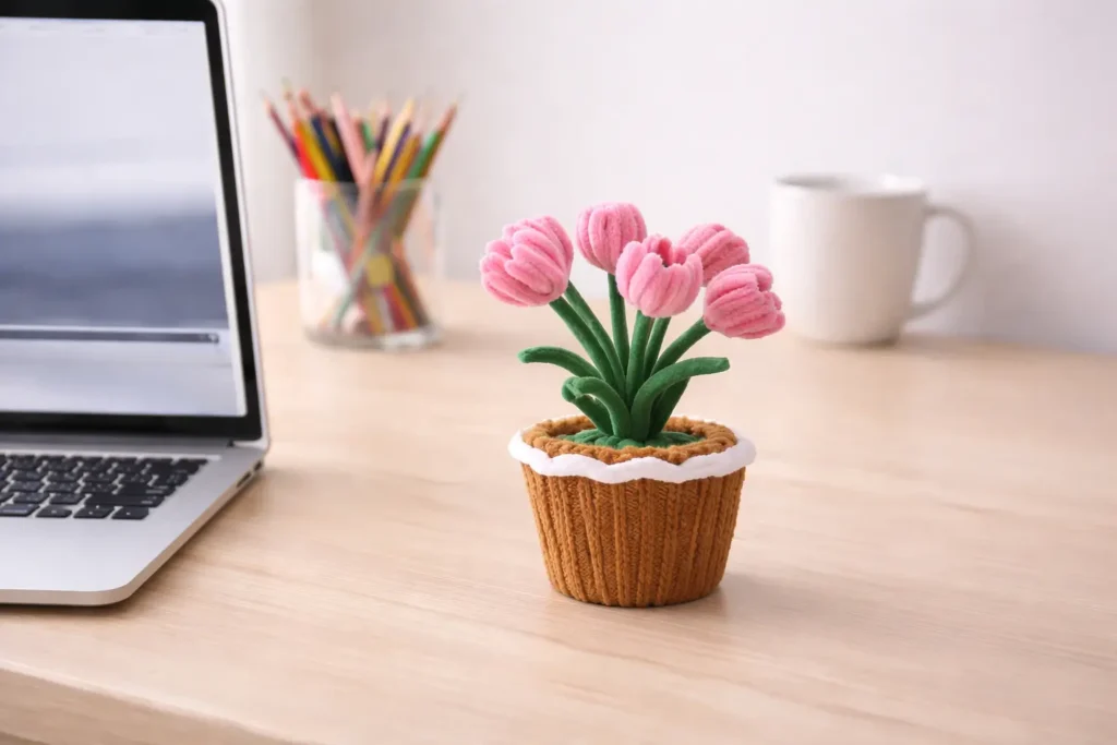 Handmade Artificial Pink Tulip Flower Pot for Home & Office Décor Office Decor Ping Tulip Flower 1024x683